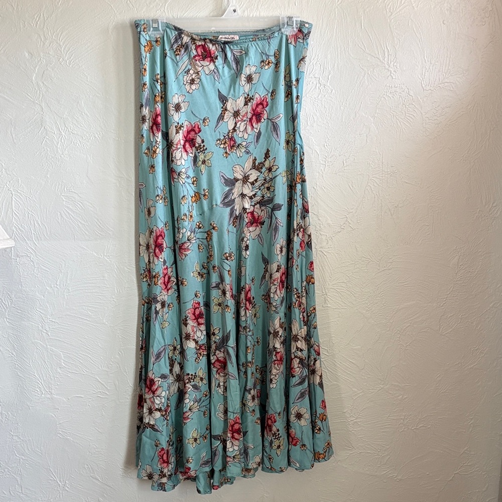 Lola P. Floral Aqua Maxi Skirt with Flowing Silhouette